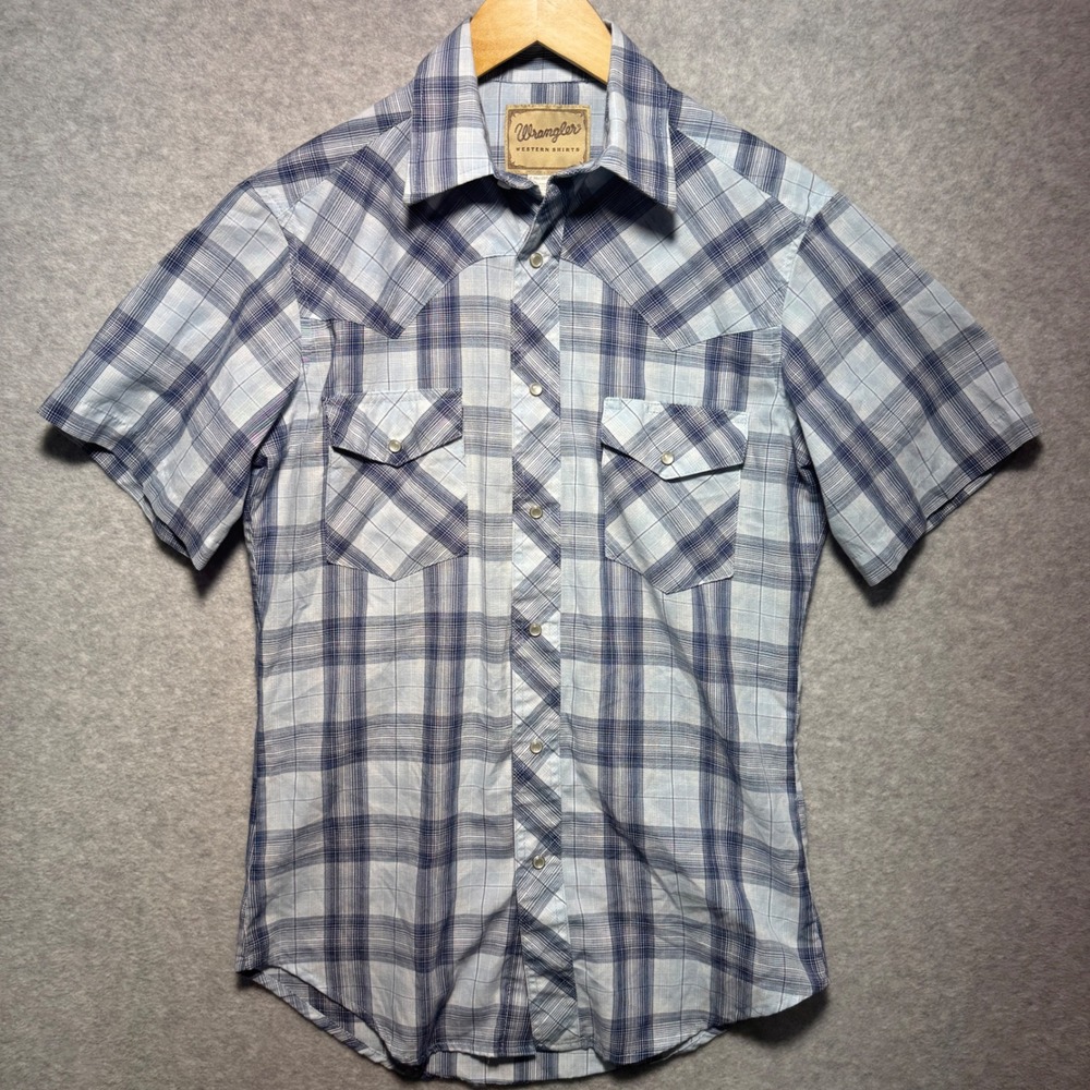 Wrangler Western Shirt Mens Small Blue Plaid Pearl Snap Short Sleeve 112315466